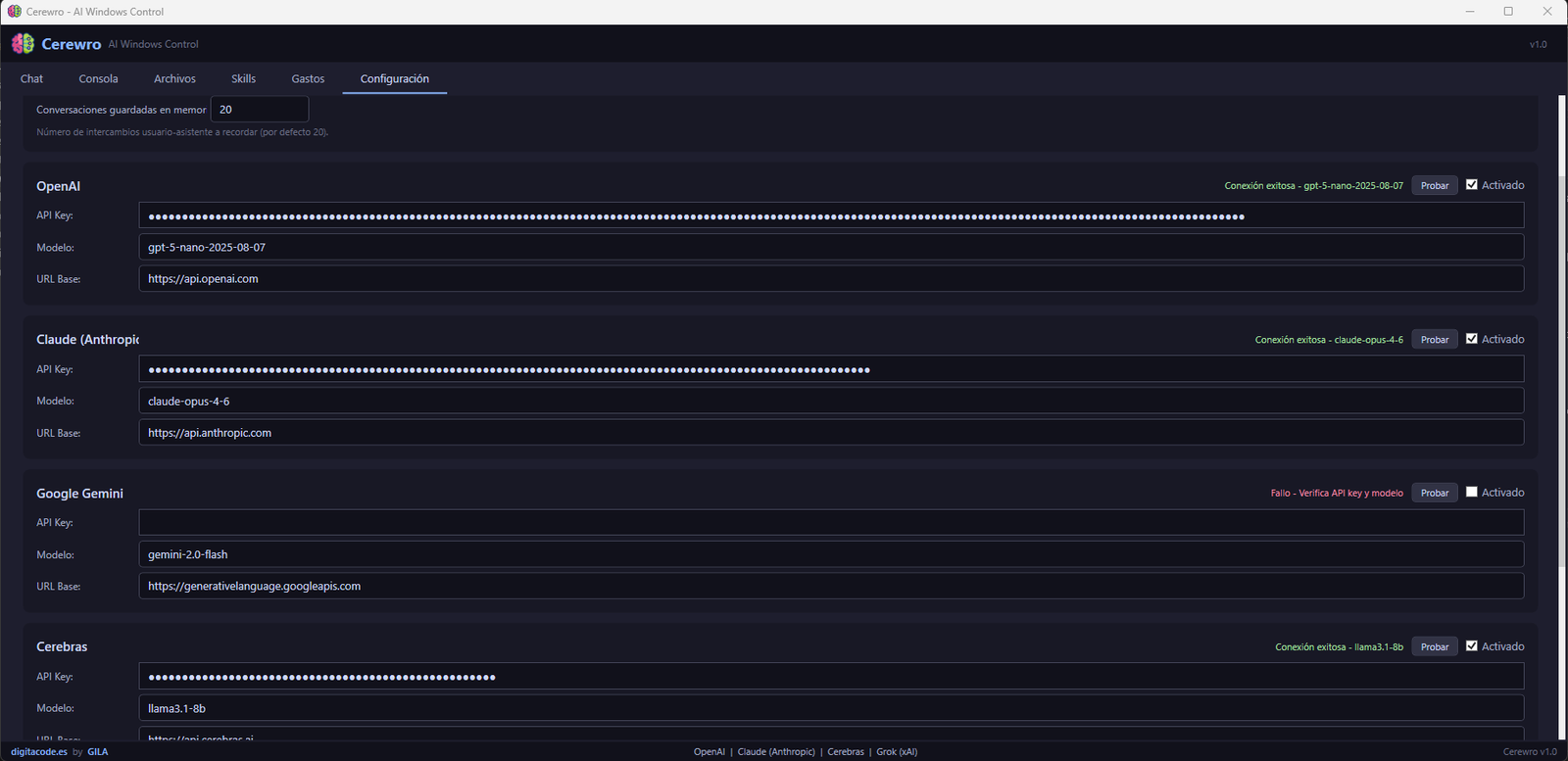 Pantalla de configuración de proveedores y modelos en Cerewro